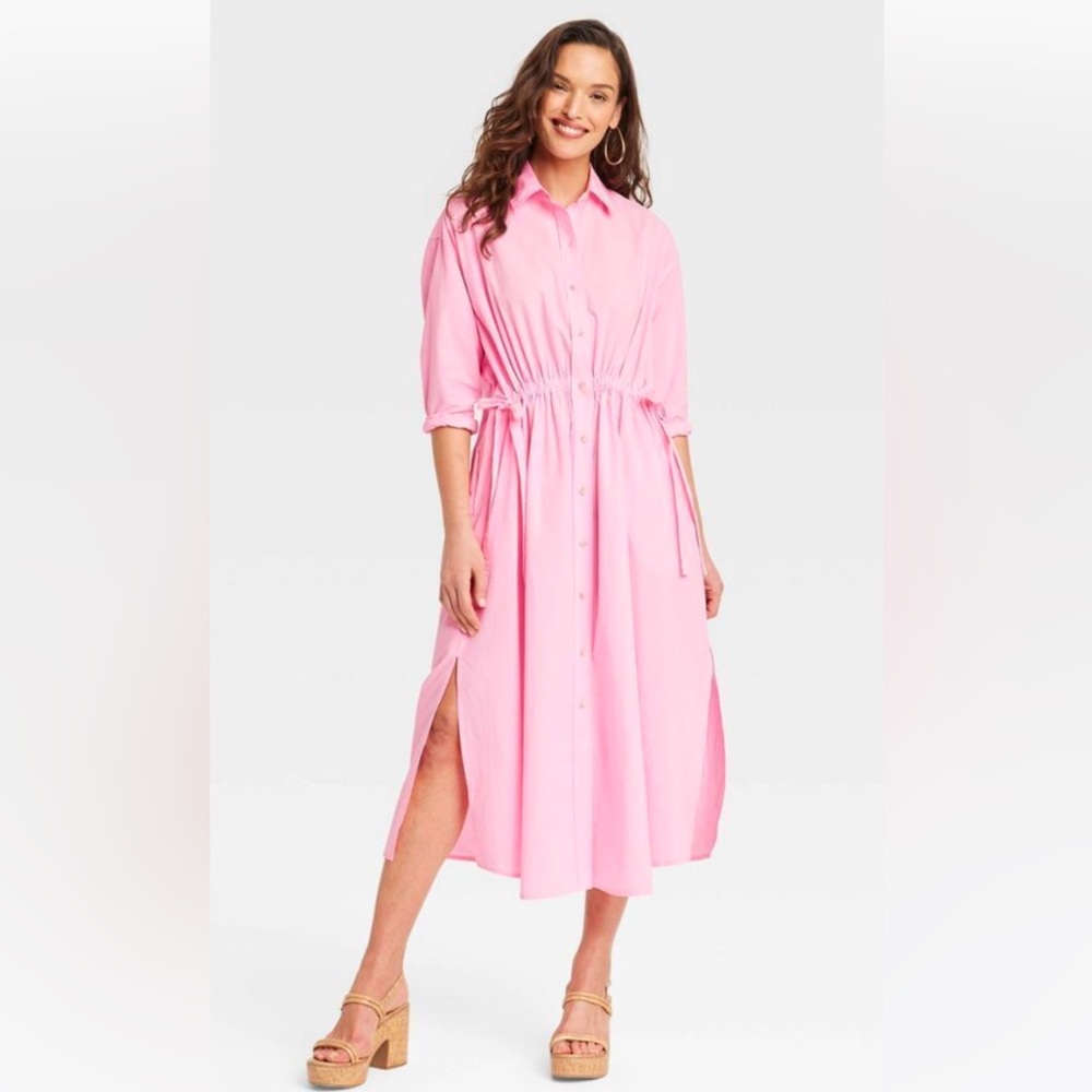 Pink Midi Dress with Button Front